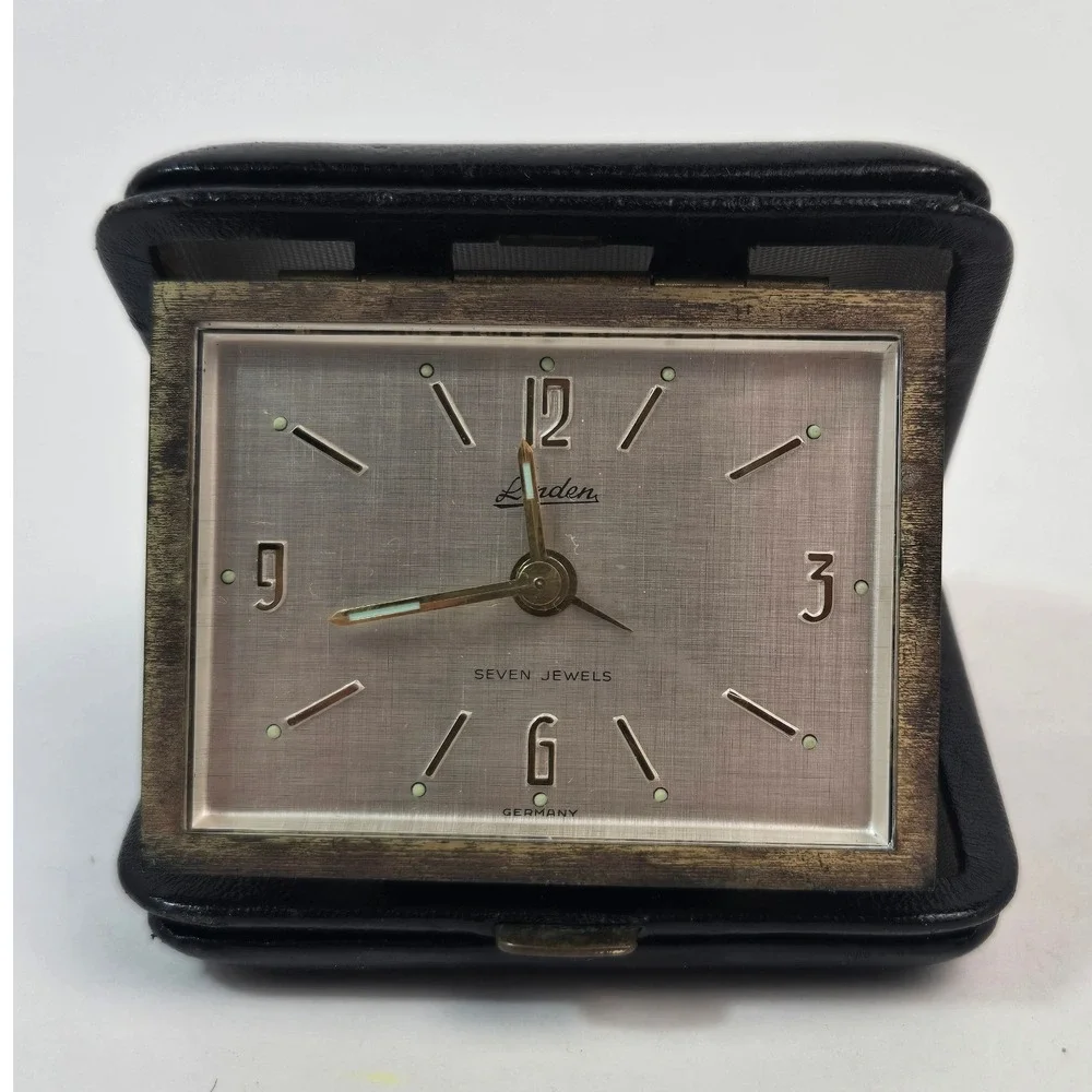Vintage Linden Travel Alarm Clock 7 Jewels Germany Folding Leather Case
